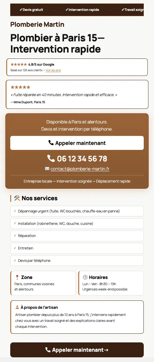 Exemple page artisan pour obtenir plus de clients
